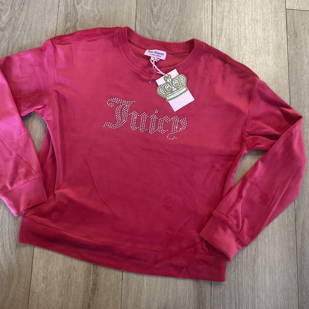Juicy‎ Couture Coco Red Velour Rhinestone Crew Neck Long Sleeve Top Bling Small